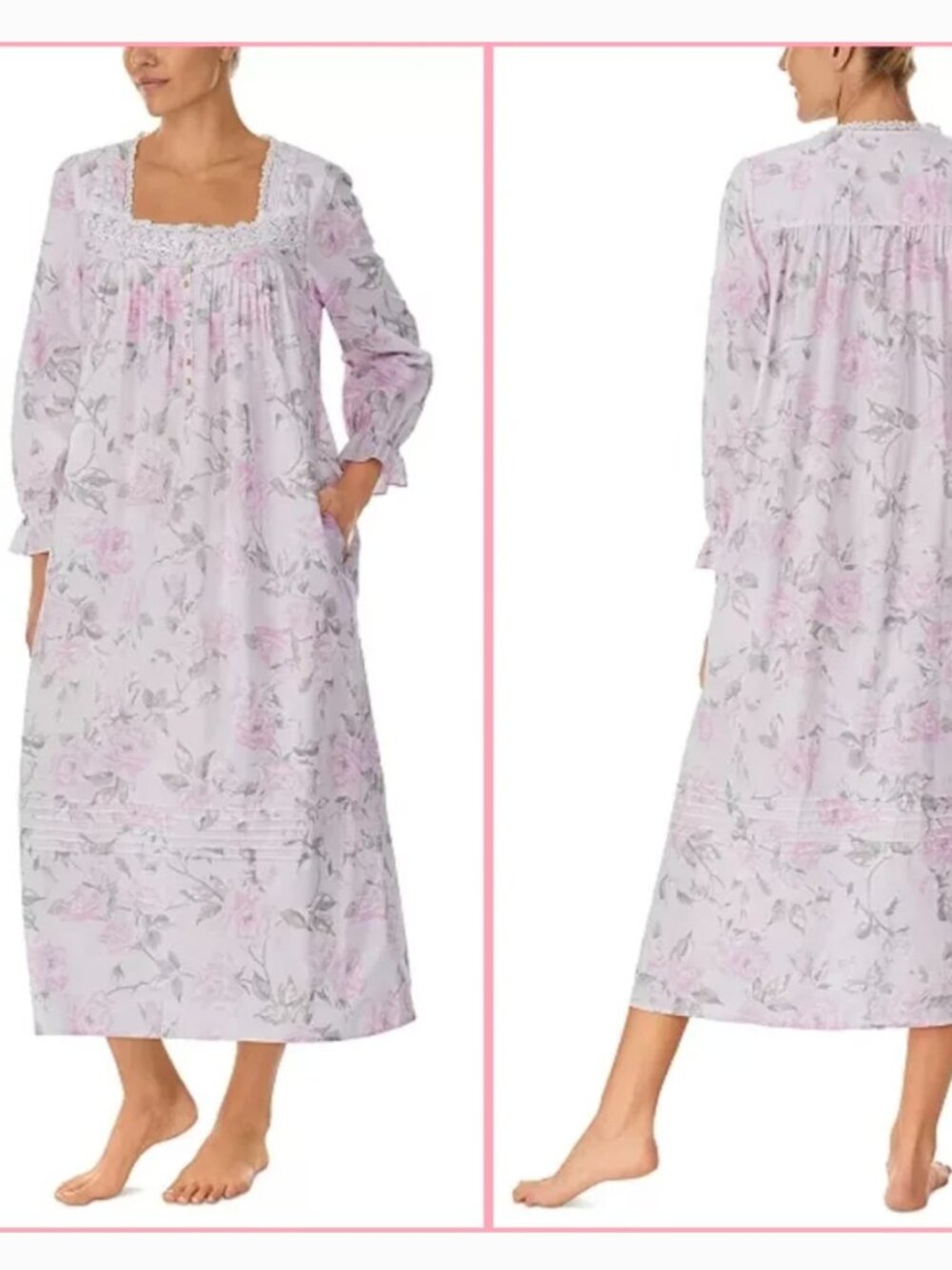 Eileen West Floral Cotton Lawn Ballet nightgown Lace long sleeve Modest sz L